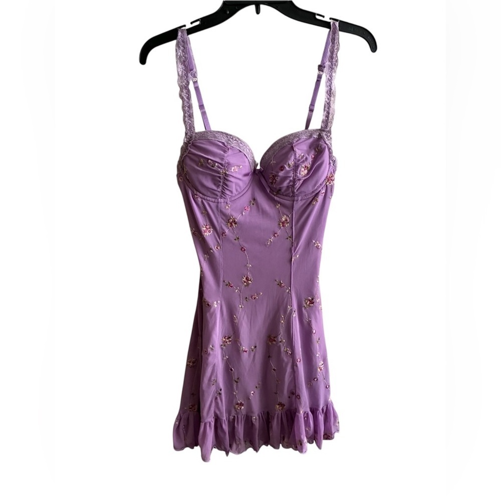 Lavender Floral Embroidered Slip Dress With Ruffle Trim & Adjustable Straps